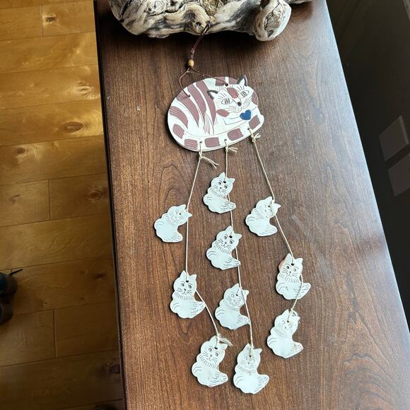 Pottery Clay Cat with 10 Kittens Wind Chimes Hanging 20" Long - Picture 2 of 6